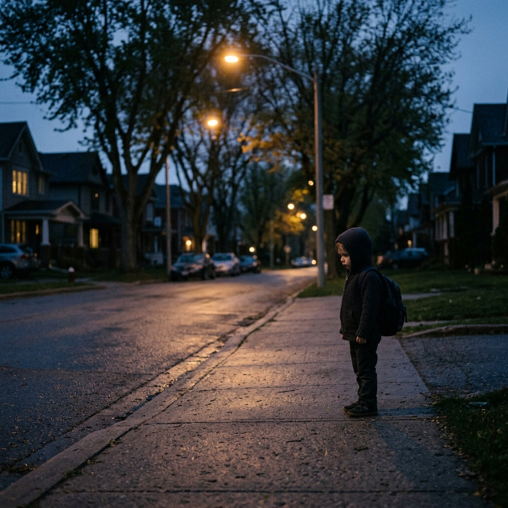 Lost child standing on a dark street